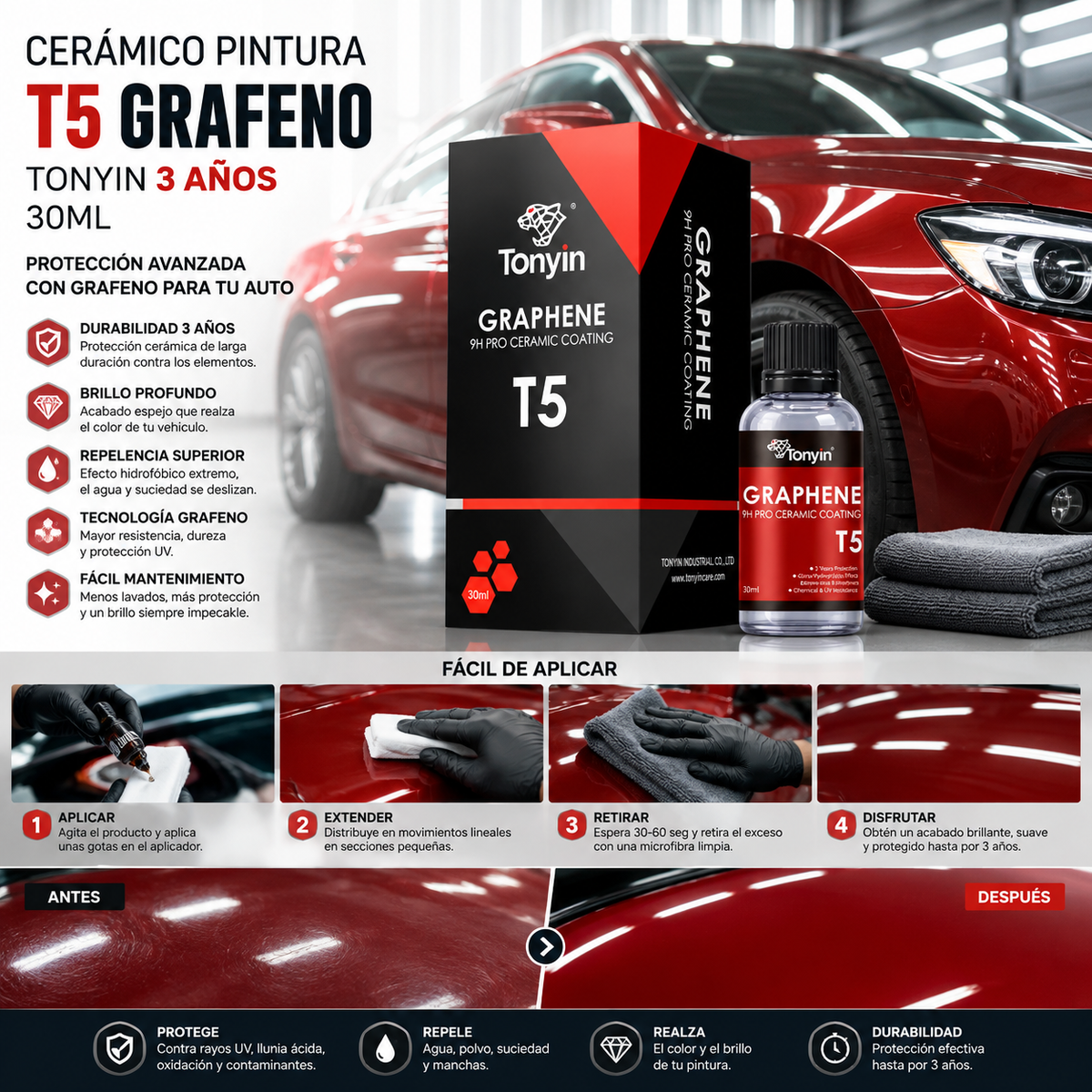 Cerámico Pintura T5 Grafeno Tonyin 3 Años 30ml Pieza - Oscar's Automotive 